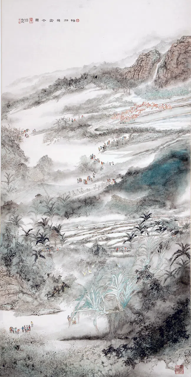 李福茂山水画《漫游飞禽自然公园》。（梁麒麟摄）