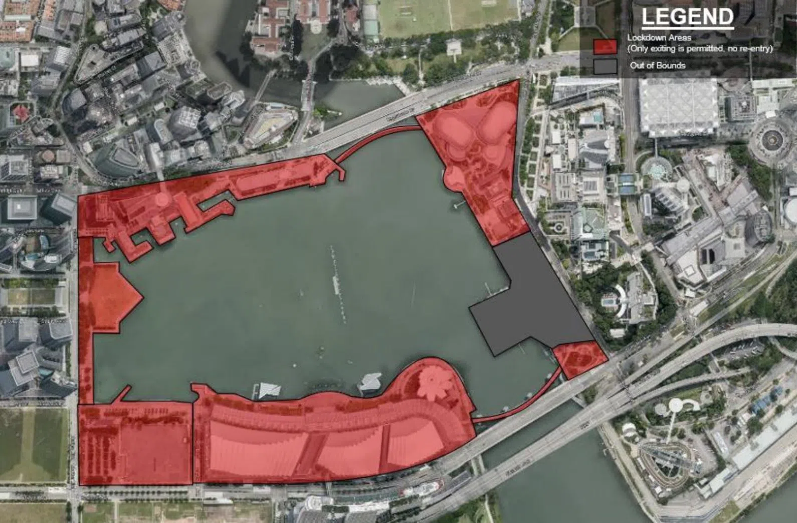为避免过度拥挤，围绕滨海湾一带的中央岬（The Promontory）、富丽敦一号、鱼尾狮公园、滨海公园、滨海宝龙坊、滨海湾金沙宝龙坊，以及滨海湾其他地区将实行人流管制，一旦超过安全人数顶限，这些区域（地图中的红色区域）将关闭，只出不进。（新加坡警察部队提供）
