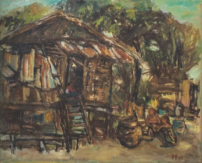 林子平油画以线条勾勒甘榜生活风光。（集菁艺社提供）