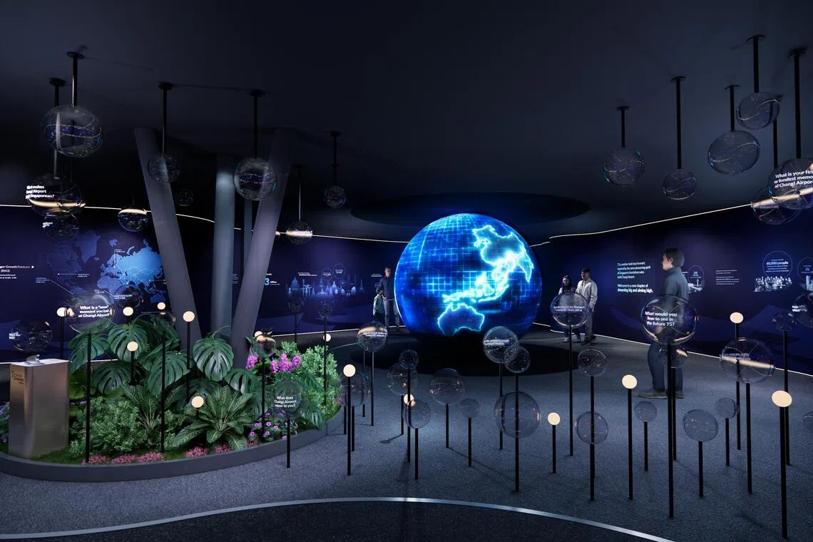 在“勇敢书写新加坡的未来篇章”（Another Bold Singapore Chapter）展区，展示了T5如何支持亚洲航空交通增长，并维持新加坡的连通性与竞争力。（樟宜机场集团提供）