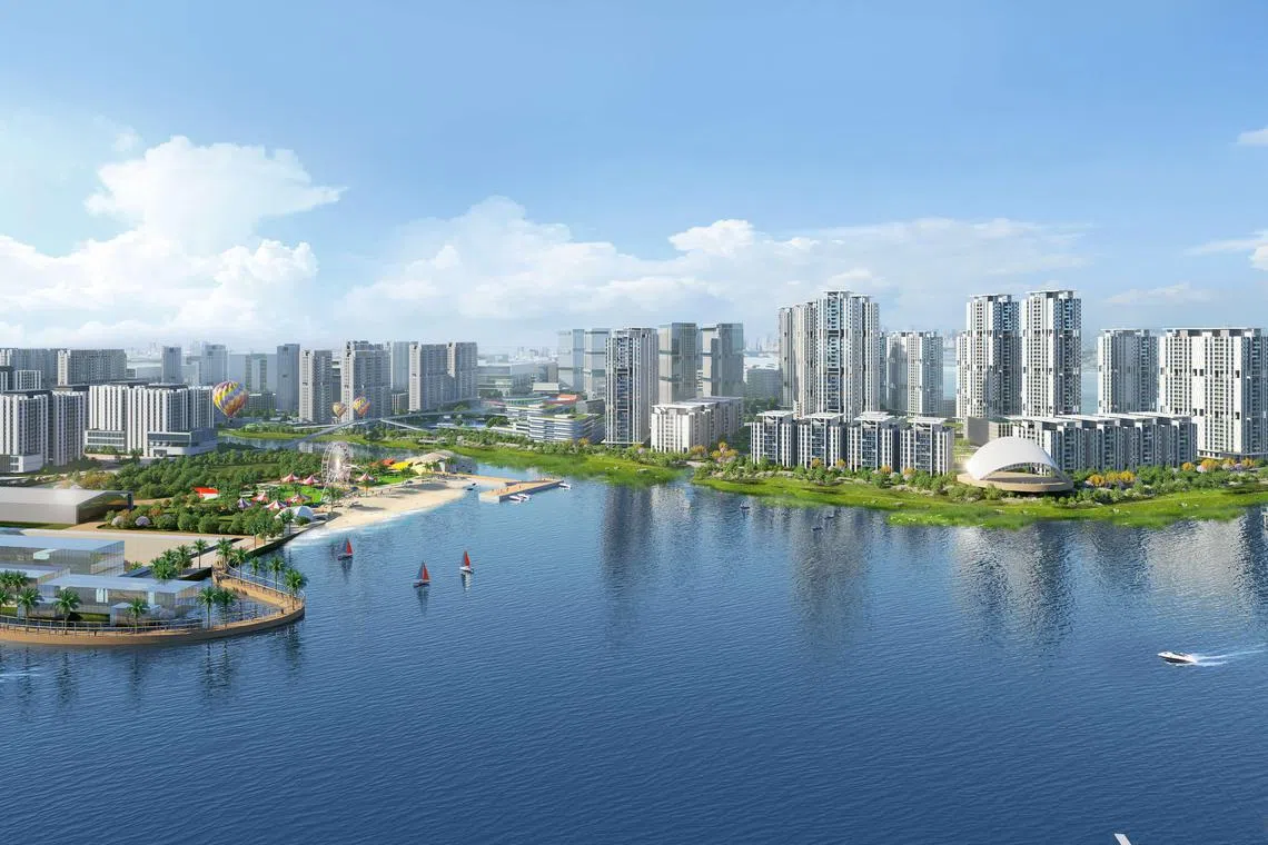 三巴旺船厂将在2028年停止运作后，逐步转型为结合住屋、休闲设施与工作场所的多用途滨水生活区。（新加坡规划师学会构想图）