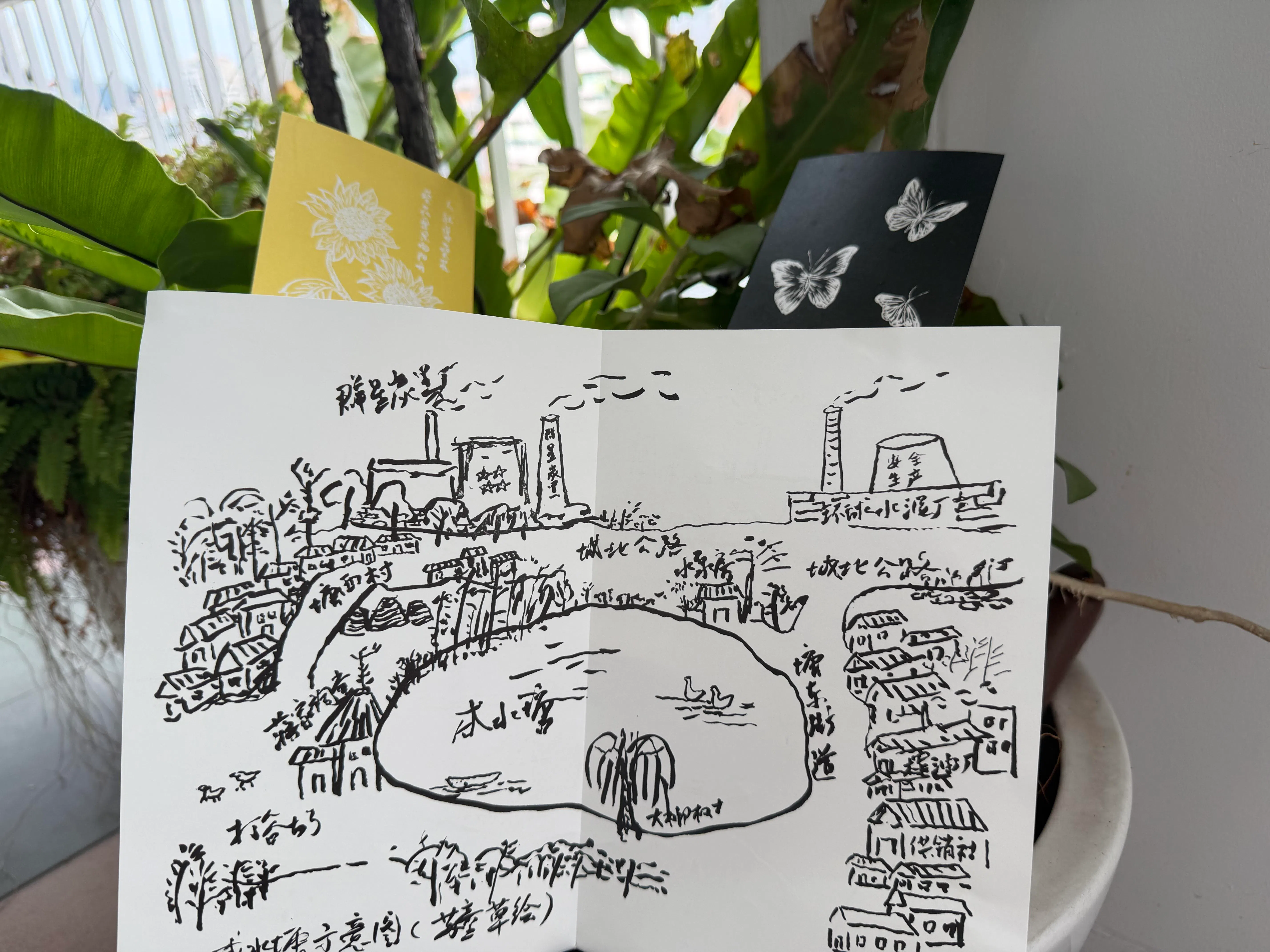 苏童为《好天气》绘制咸水塘示意图。（张子奕摄）