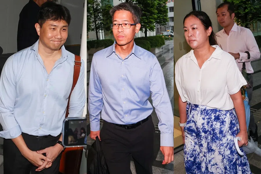 工人党议员（左起）林志蔚、严燕松、何廷儒和蔡庆威，陆续抵达国家法院。（陈斌勤摄）