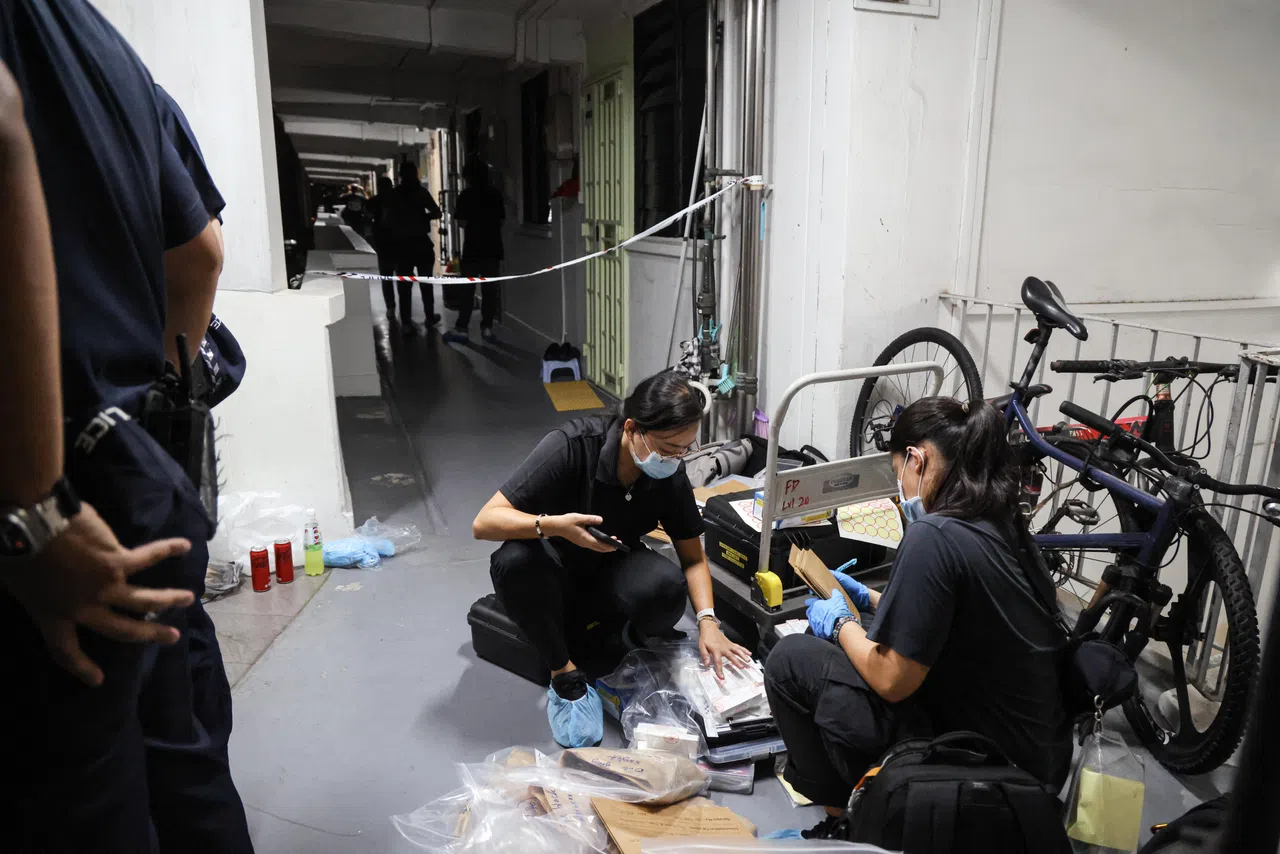 麟谷峇鲁第55座组屋日前发生骇人血案，事发后走廊血迹斑斑，警方封锁现场调查。（档案照片）