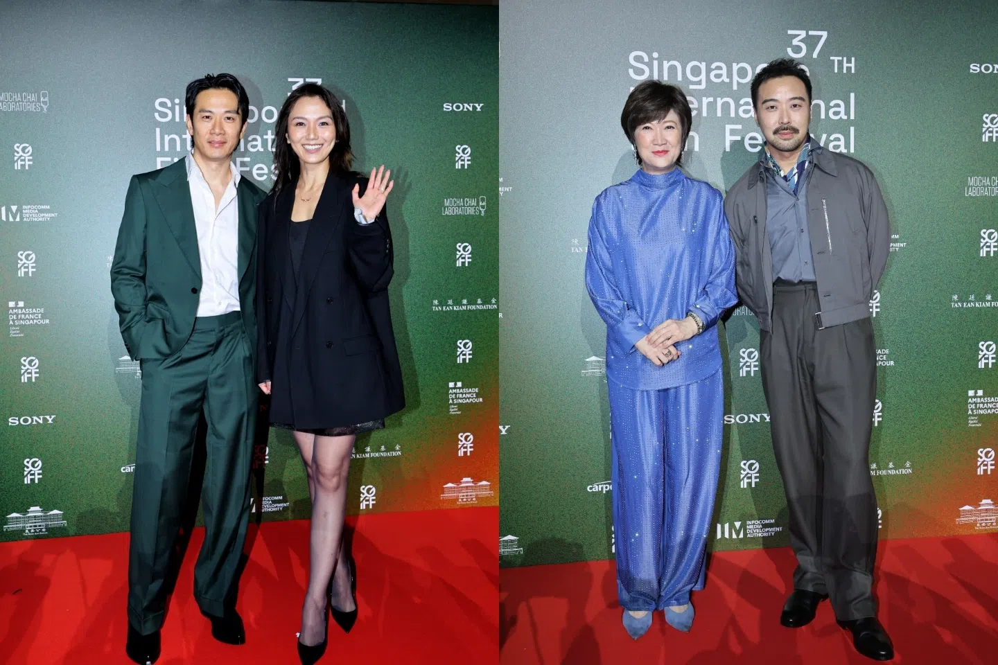 戚玉武（左起）、白薇秀、洪慧芳和导演何书铭亮相电影节开幕礼红毯。（龙国雄摄影）