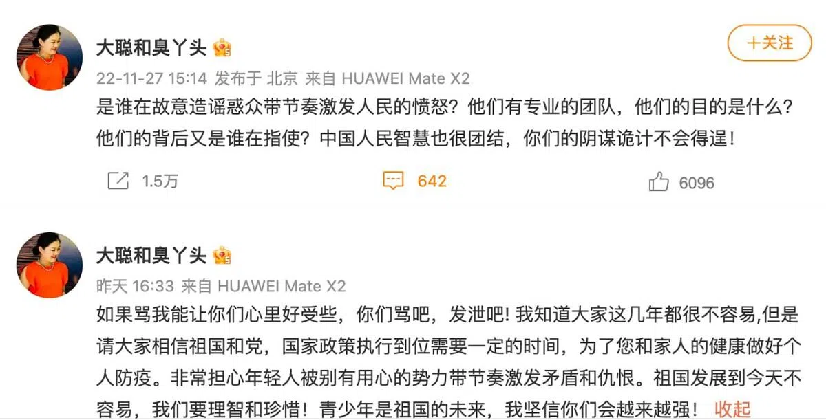 “坚婶”上星期天连发几条微博和网友隔空交战。（取自汤天如微博）