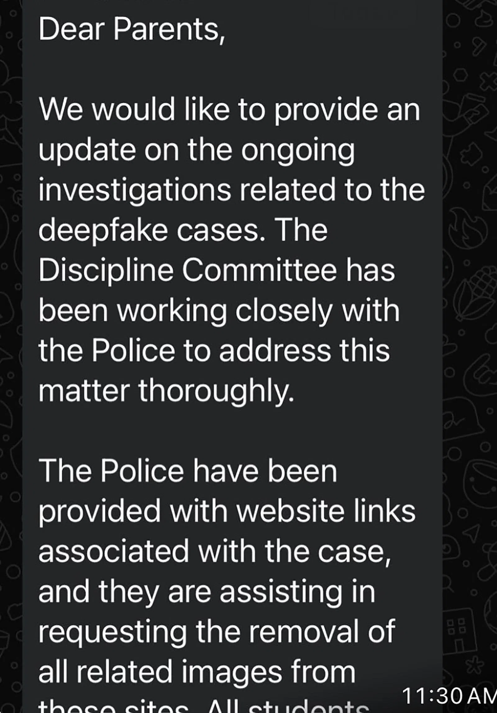 信息指校方的纪律委员会与警方配合处理事件。（受访者提供）