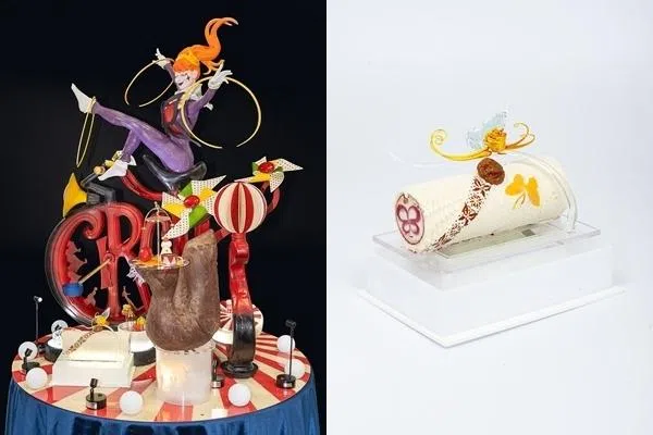 新加坡队的设计主题是马戏团，大家齐心合作完成比赛项目，如巧克力造型（左）和意式雪糕树桐蛋糕。（受访者提供）