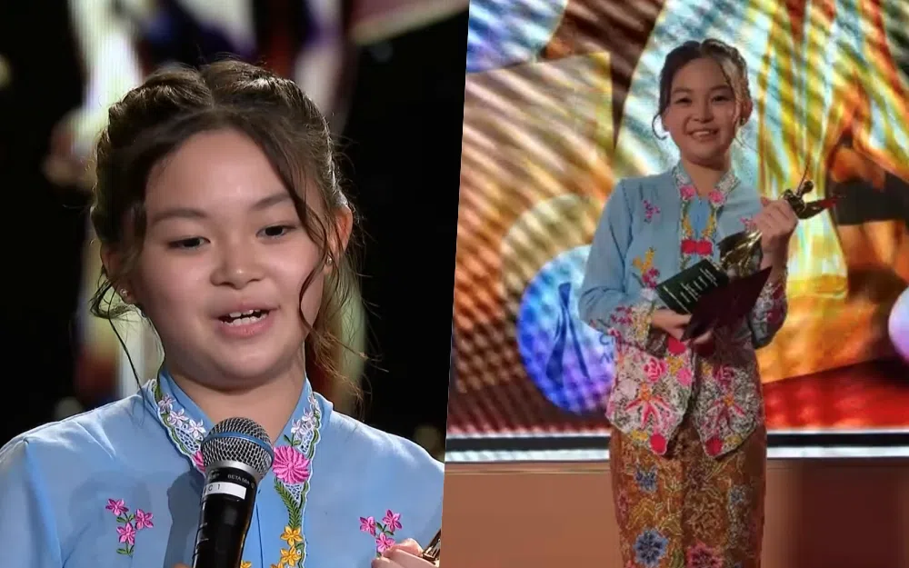 9岁的谢芷萱第一次参加颁奖典礼，就把奖项抱回家。（截自亚洲影艺创意大奖YouTube、受访者提供）