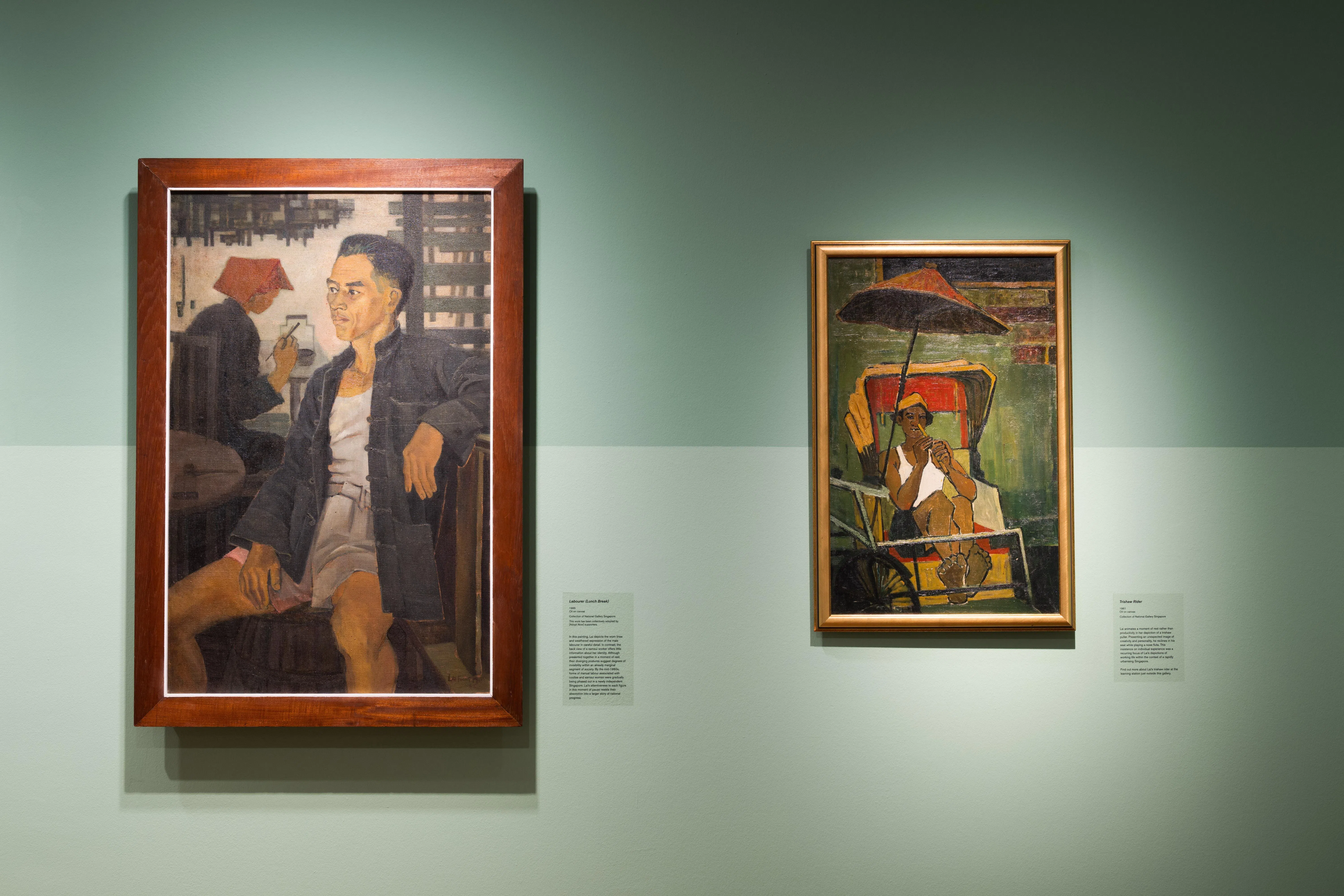 赖凤美聚焦劳动阶层休憩瞬间的油画《劳动者（午休）》（1965，左），与《三轮车夫》（1961）。（国家美术馆提供）
