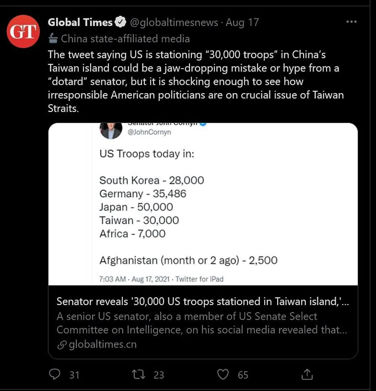 《环球时报》国际版当天在推特发文说，科宁的推文足以让人看到美国政客在台湾海峡的关键问题上是多么不负责任。（网络截图）