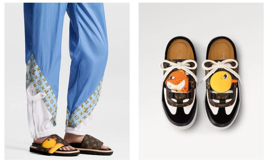 将小黄鸭与金钱豹印在男款时装鞋和拖鞋上。（互联网）