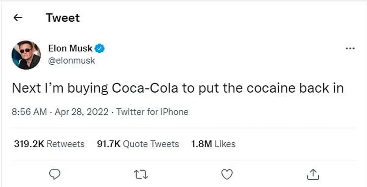 马斯克在他的推文中说要买下可口可乐。（网络照片）