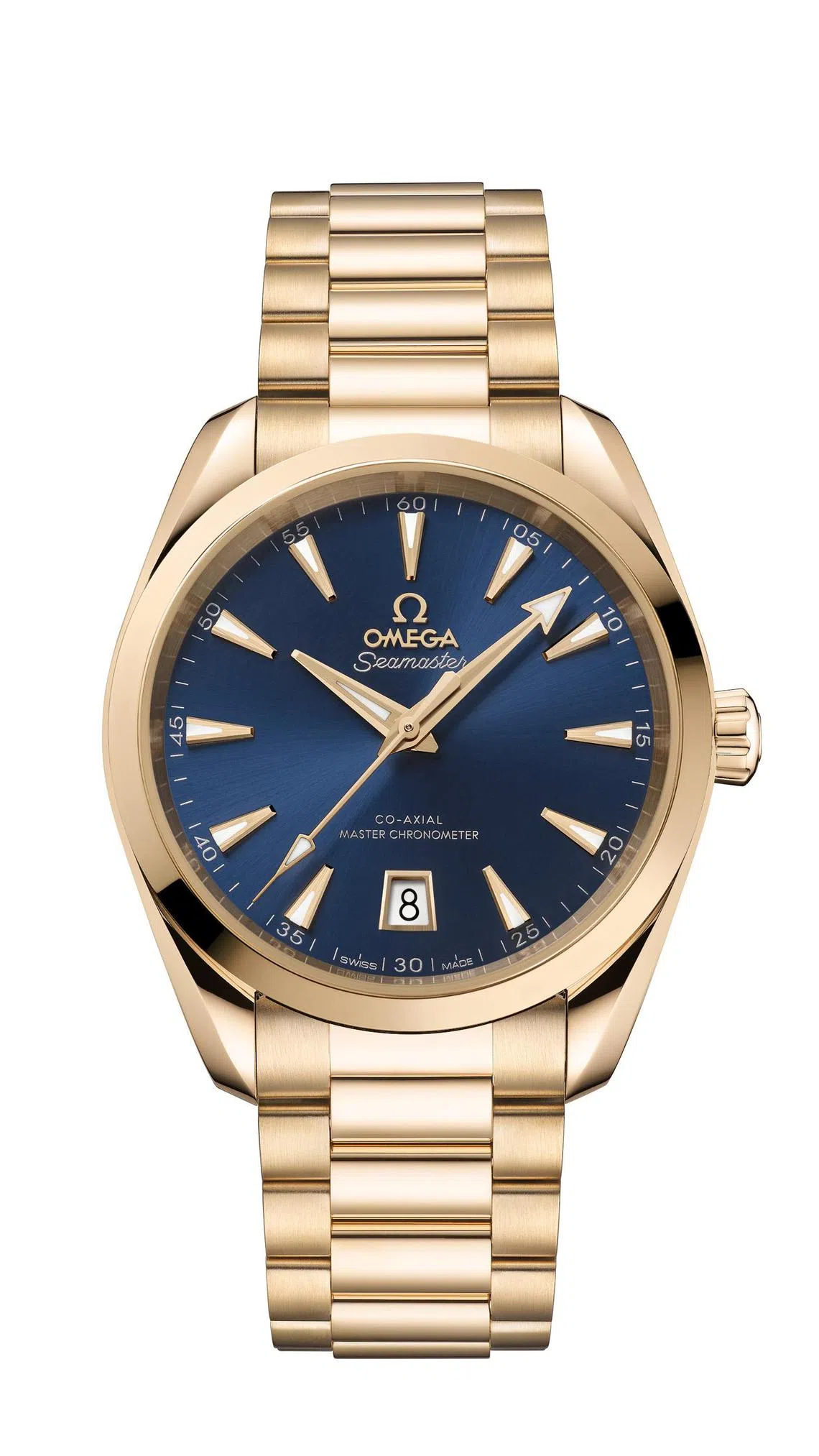 欧米茄Seamaster Aqua Terra系列38毫米Moonshine™金腕表，搭配蓝色表盘。（欧米茄提供）