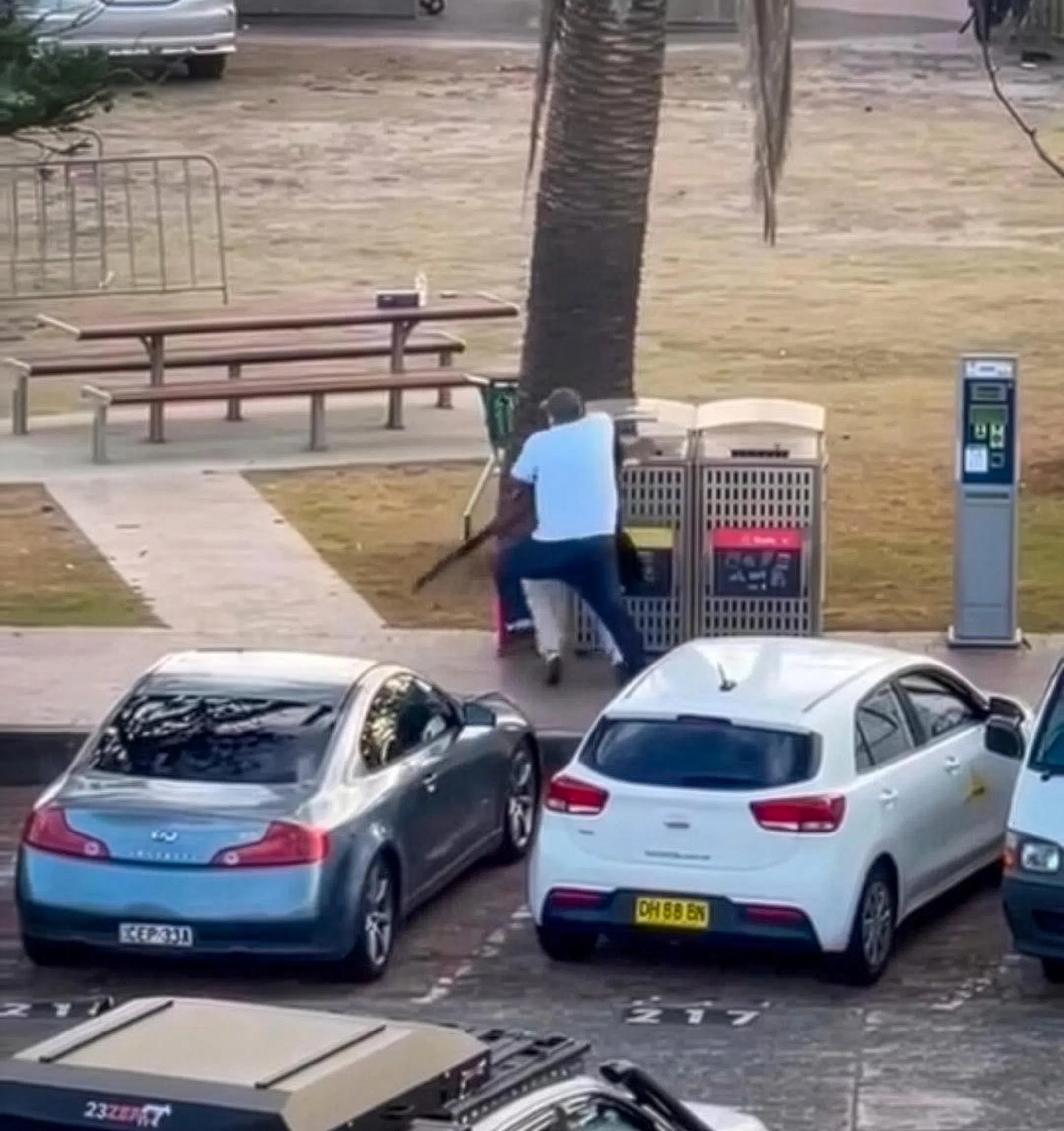 视频显示，一名白衣男子在停车场扑倒持枪男子，夺下对方的步枪。（X平台）