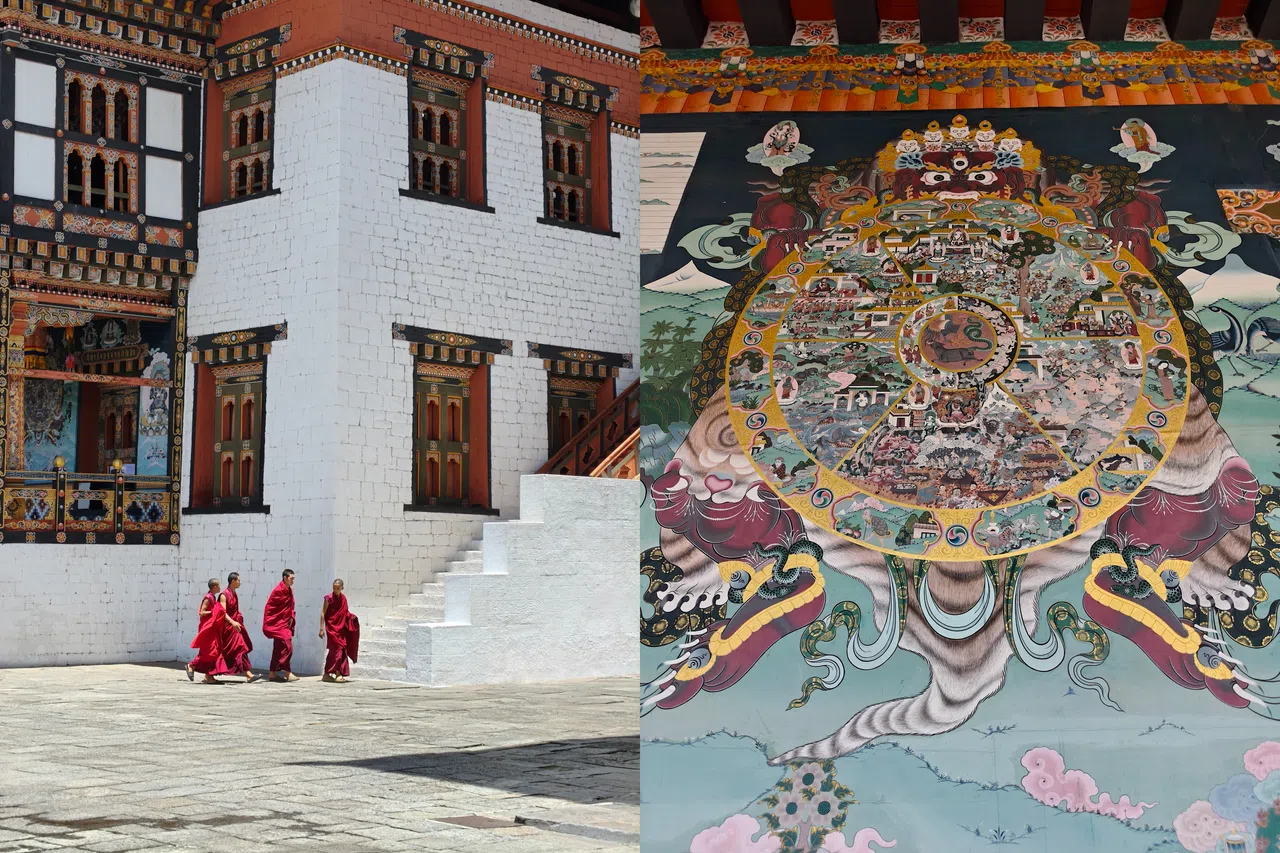 僧人诵经后返回僧舍。（左）寺庙外墙的手绘六道轮回图。（右）（陈默汎摄）