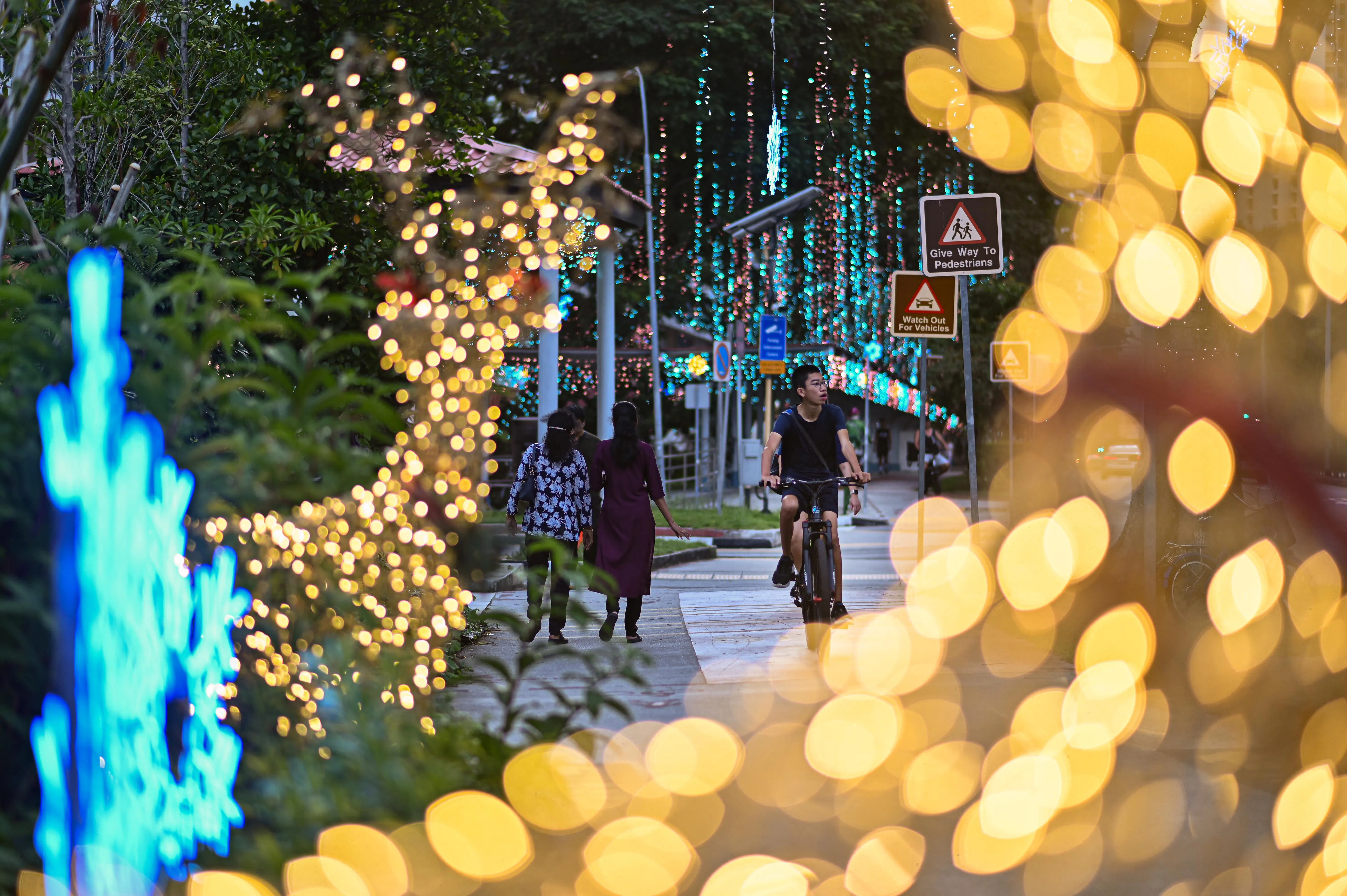 同样在大巴窑中心，人行道和脚踏车道旁也布置了各式圣诞装饰，如麋鹿造型的灯饰，两旁的树木挂满闪烁的灯饰，犹如点点星光垂落在树梢上，为整个街区营造出温暖而梦幻的圣诞景致。（李冠卫摄）