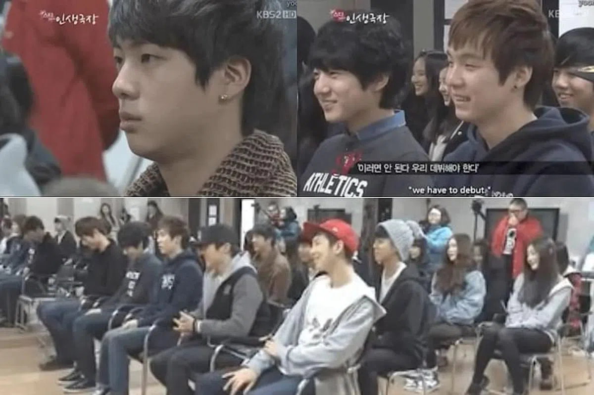 BTS成员当年听着赵权的建议分享，Jin（左上图）、柾国（右上图左）、Suga（右上图右）、RM（下图戴红帽者）反应有严肃有轻松。（视频截图）