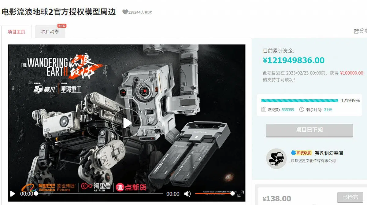 《流浪地球2》的官方周边众筹也取得了11天筹得1.2亿元的破记录成绩，在网民的热情下甚至因产能不足，提早二十多天结束了众筹，体现出这一IP的巨大商业价值。（互联网）