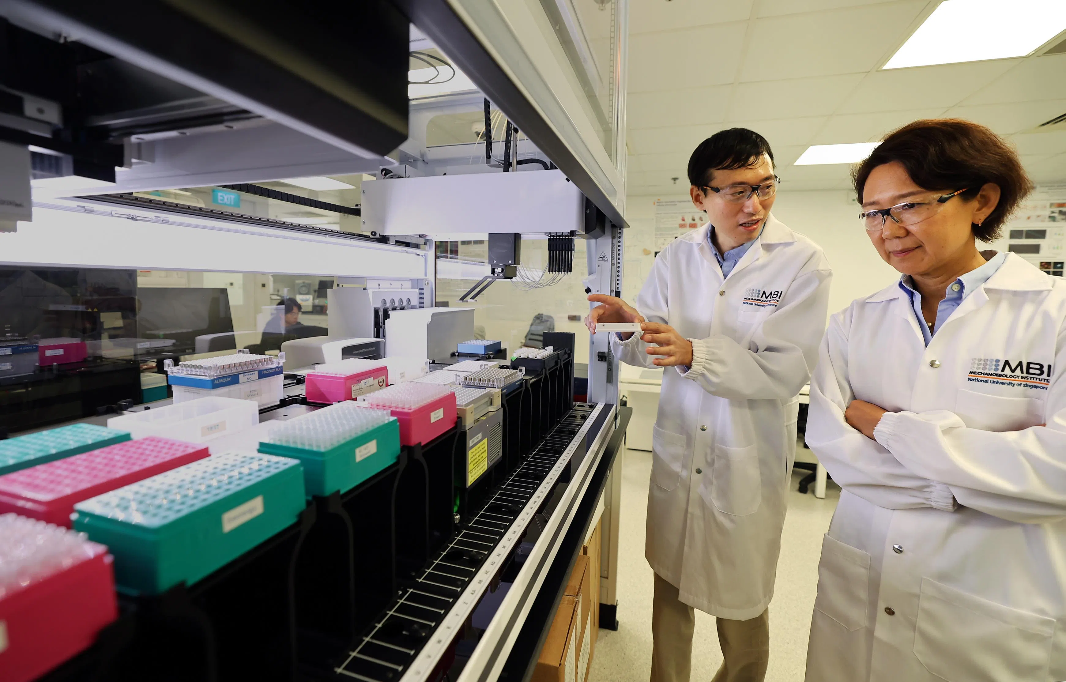 国大力生物学研究所所长李戎教授（右）与国大力生物学研究所设施经理朱晋博士探讨研究议题。（萧紫薇摄）