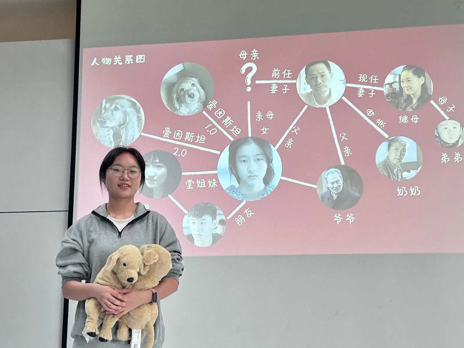 初次作为导读人的董涵瑞，为让参与者更明白电影中的人物关系，制作并讲解人物关系图。（江奕莹摄）