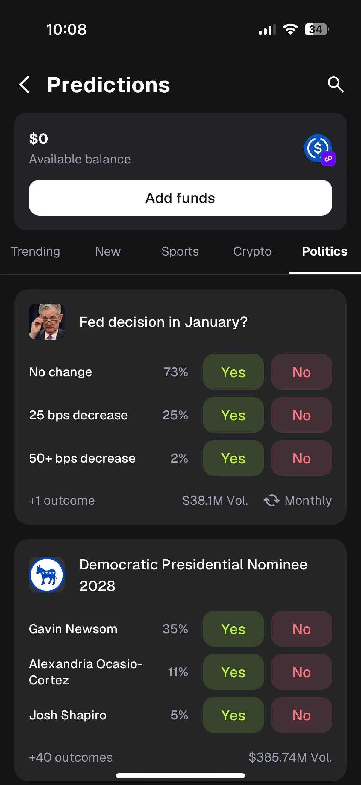加密货币平台MetaMask允许用户在平台内直接预测和交易各种事件，包括体育、政治等。如果用户的所在地是新加坡，则无法使用相关服务。（MetaMask App截图）