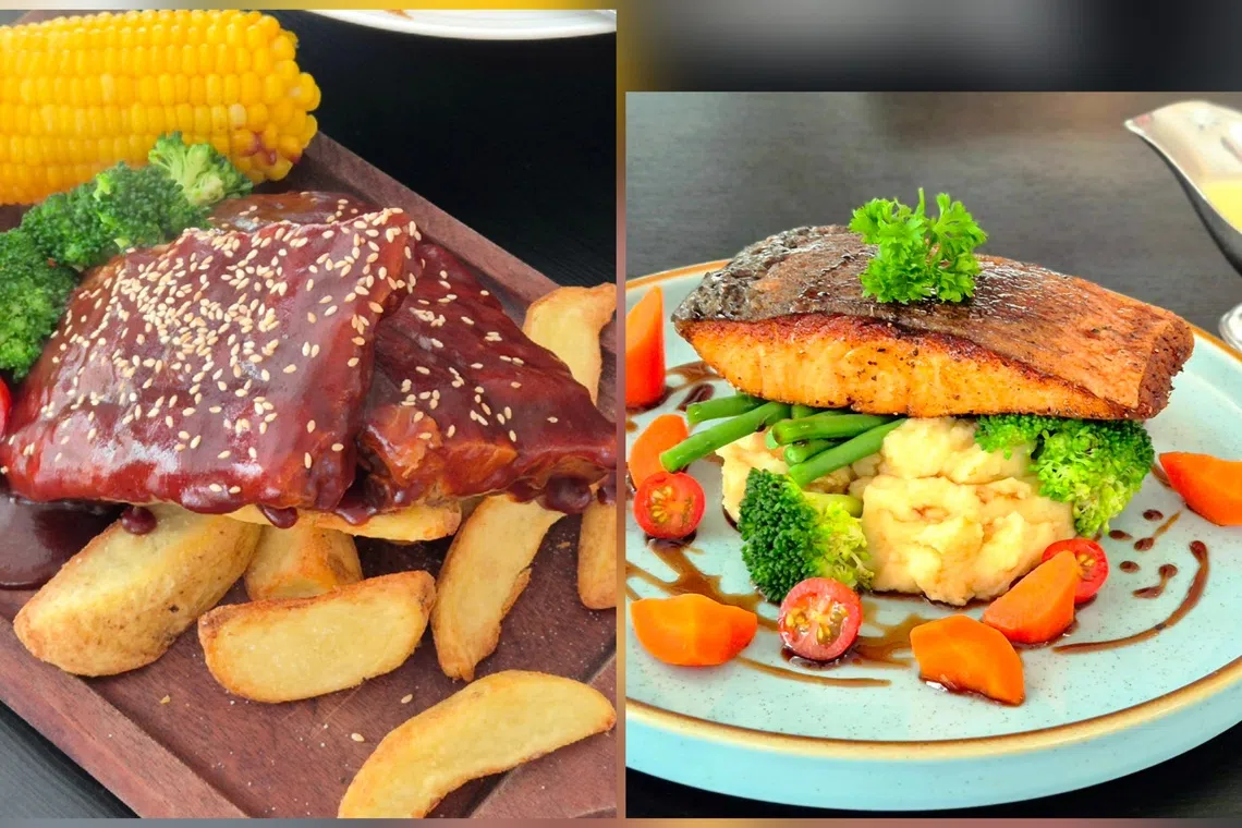 BBQ猪扒（左图）和香烤三文鱼都受到食客喜欢。（陈爱薇摄）