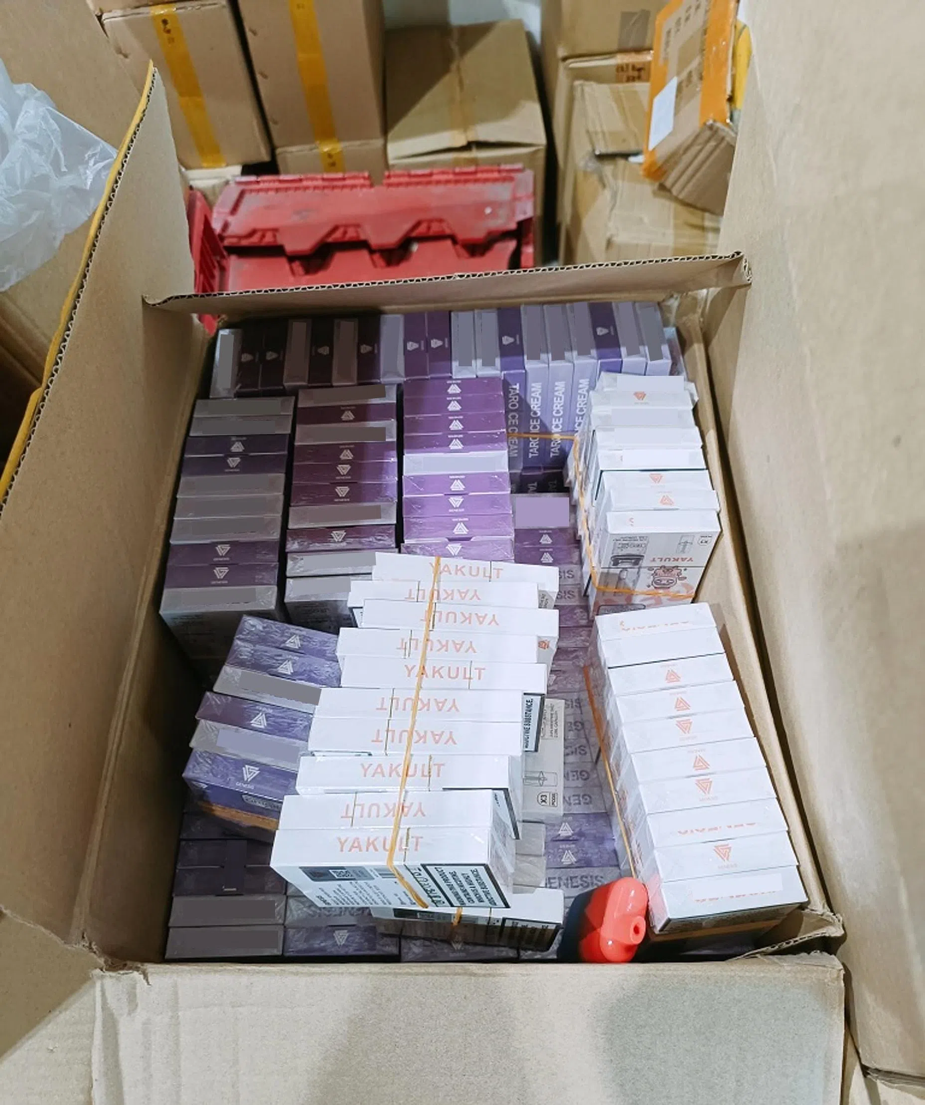 6月18日，执法人员到兀兰工业园突击一个仓库，起获不少电子烟和配件。（卫生科学局提供）