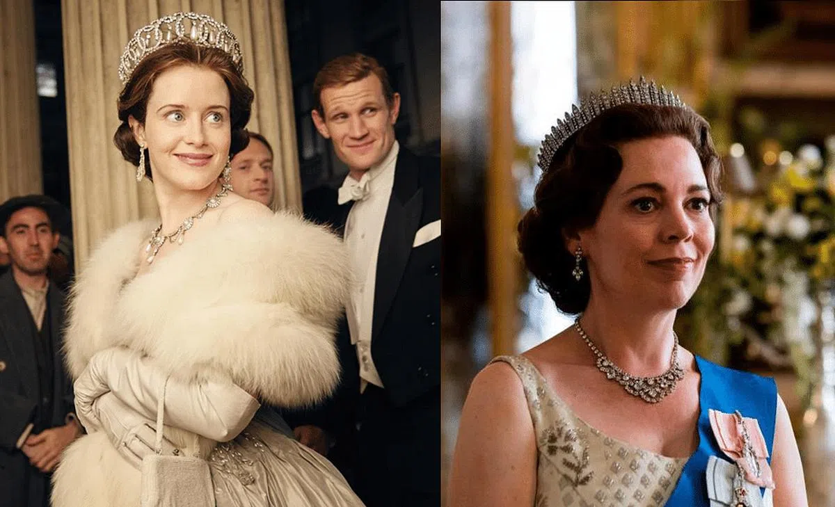 Claire Foy（左）和Olivia Colman在《The Crown》中饰演不同时期的英女王。（图/互联网）