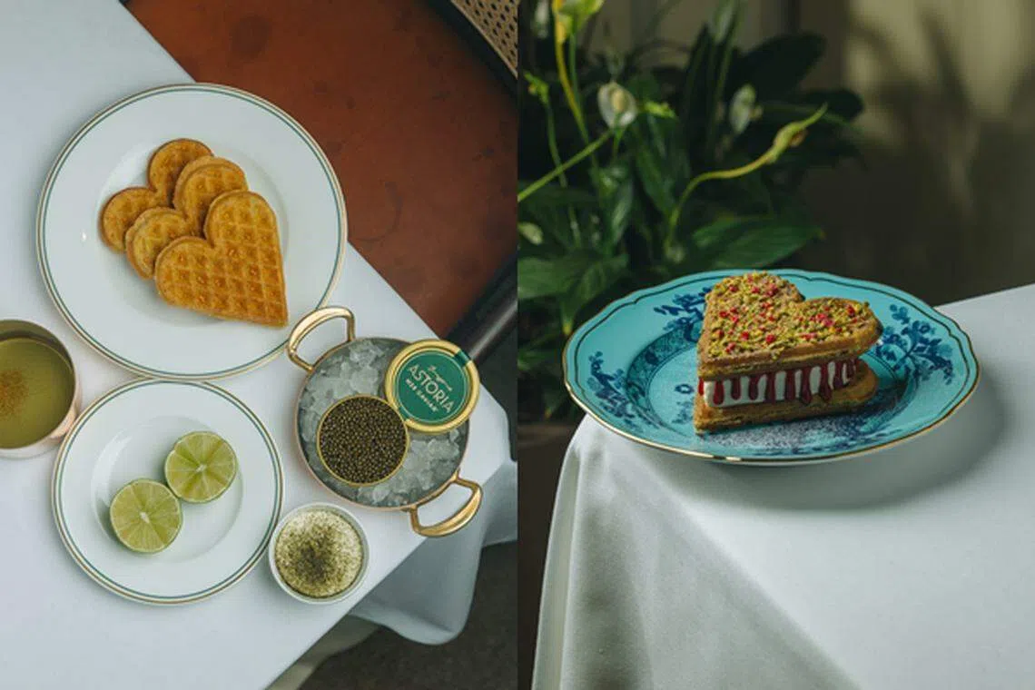 鱼子酱华夫饼（左）和华夫饼雪糕，一咸一甜，各有风味。