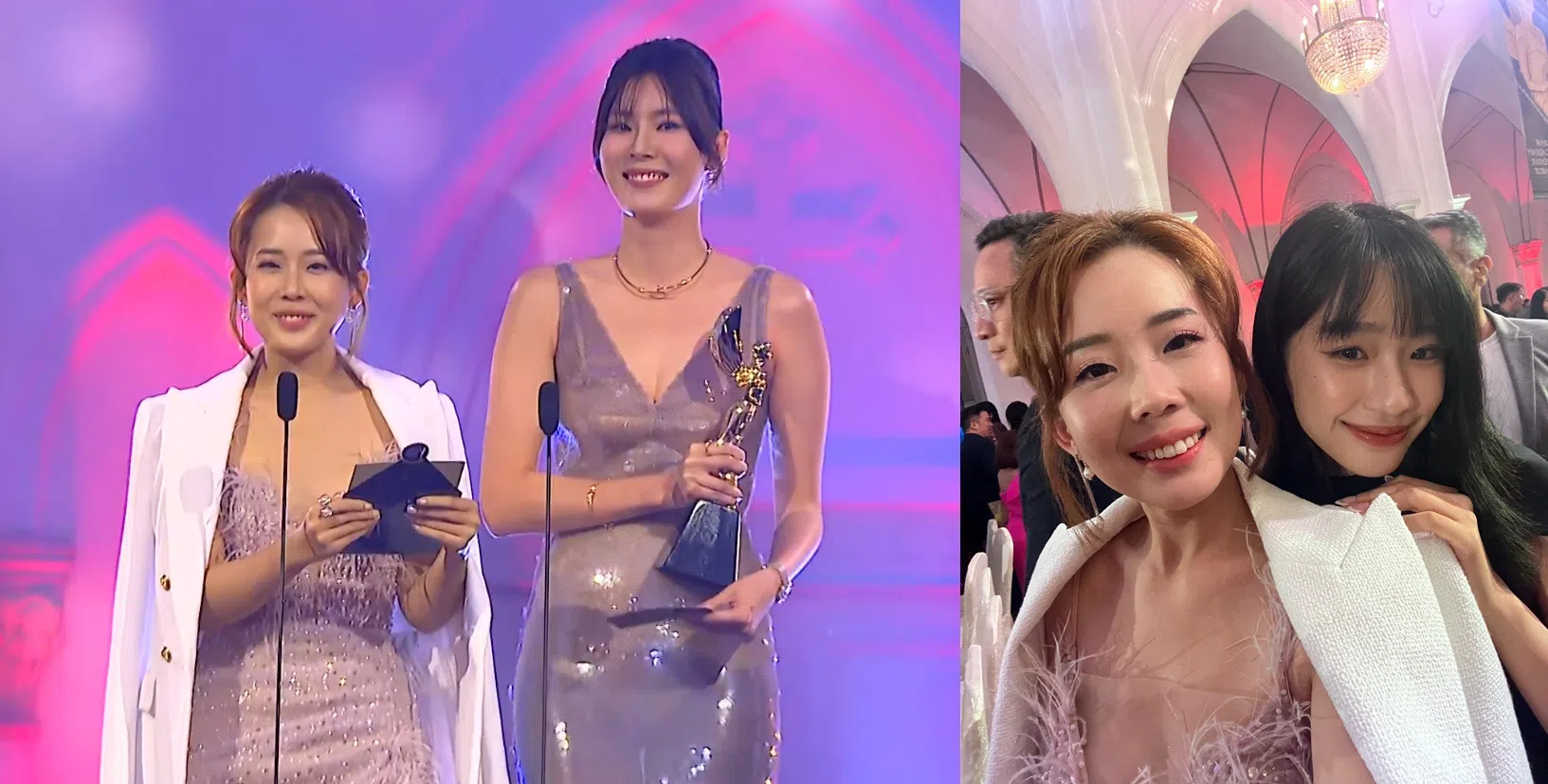 胡煜诗与黄思恬同台颁奖（左图），胡煜诗与泰国女星彤达婉·奔提维此弓合影。（截自亚洲影艺创意大奖脸书、受访者提供）