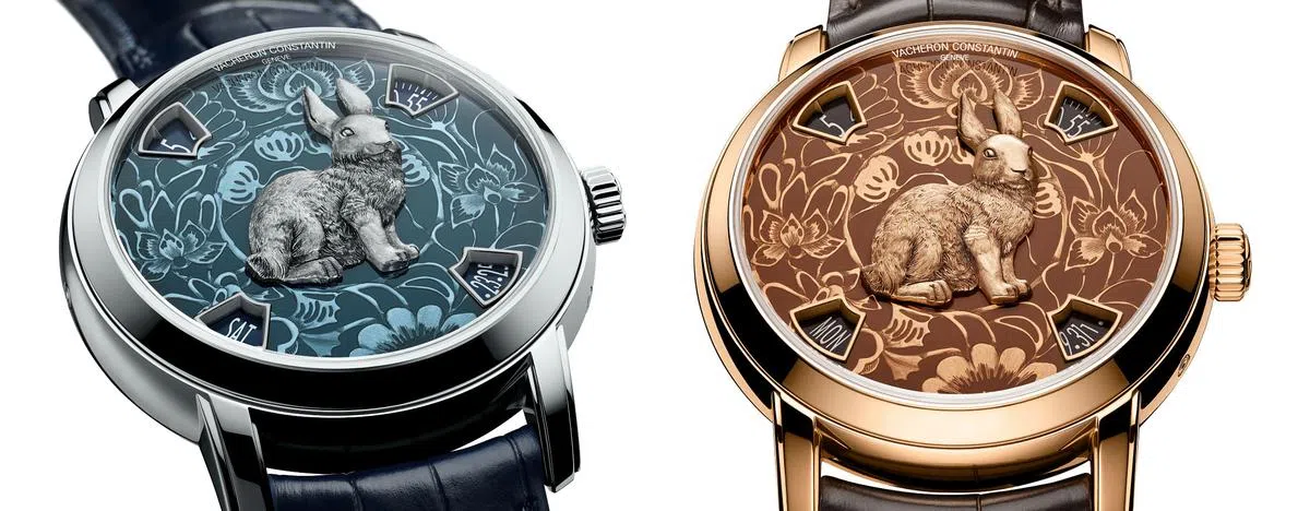 江诗丹顿今年继续以Métiers d'Art艺术大师系列推出两款兔年腕表，一款为粉红金表盘（右），一款为铂金表盘。（品牌提供照片）