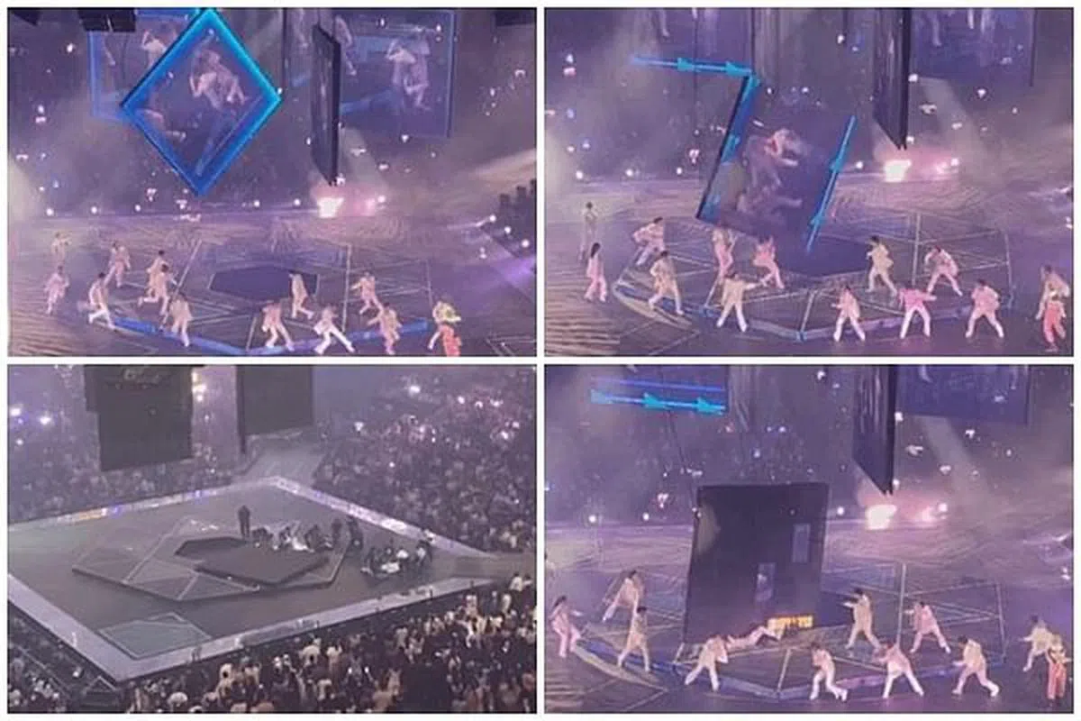 MIRROR演唱会中途，巨型荧幕突然坠下舞台，砸伤两名舞蹈员。（左上图起，顺时钟方向，互联网）