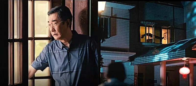 节冰饰演的关敬堂（左）第一集被发现离奇死在家中，有目击者称案发当晚看到关敬堂的身体悬浮空中（右）。（互联网）