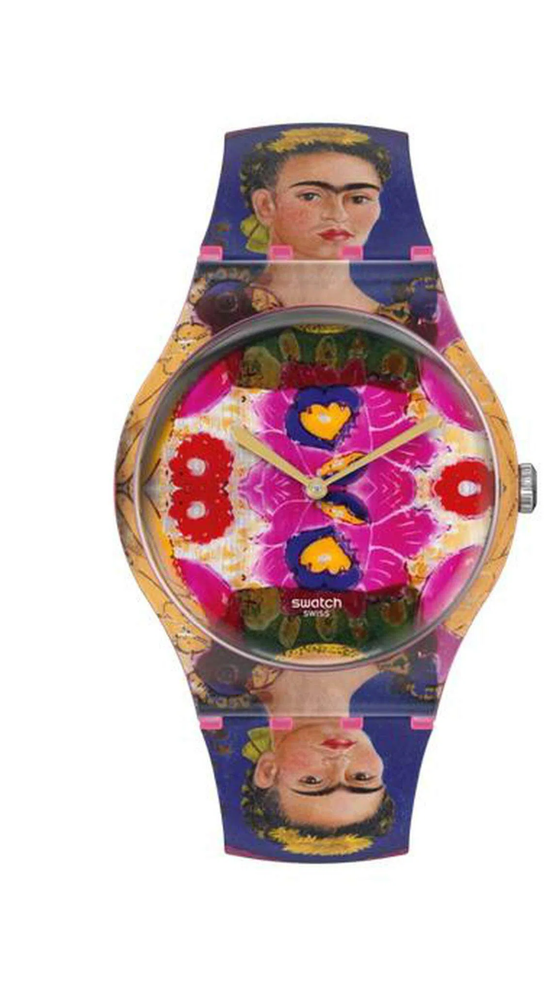 斯沃琪将艺术大师Frida Kahlo的作品放上表面，让腕表成为一件文创品。（斯沃琪提供）