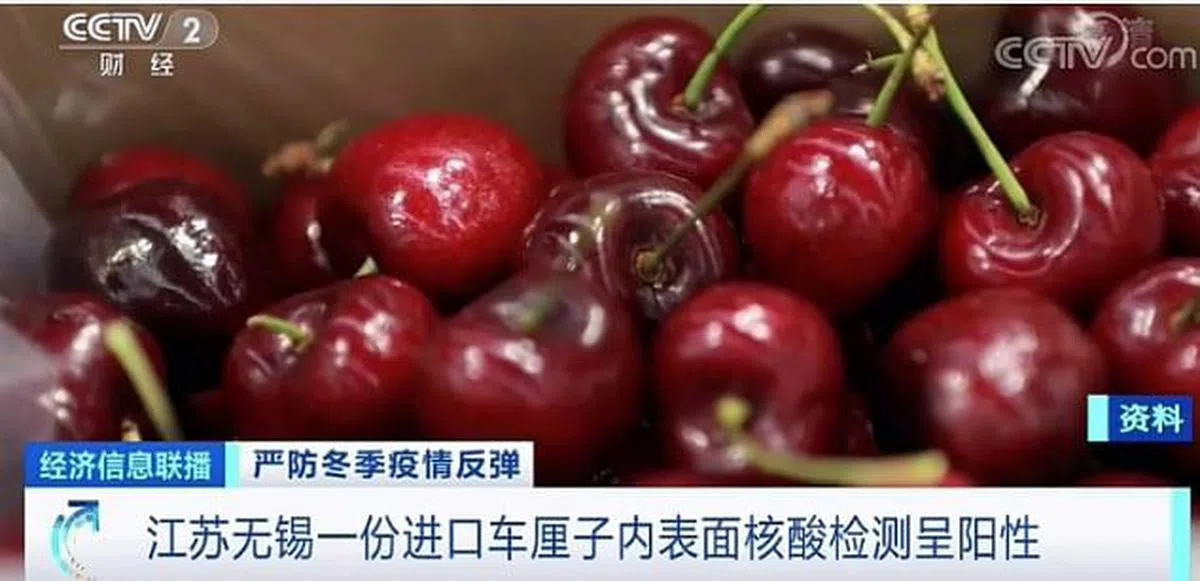 江苏无锡市去年1月发现一份进口车厘子表面核酸检测呈阳性。（互联网）