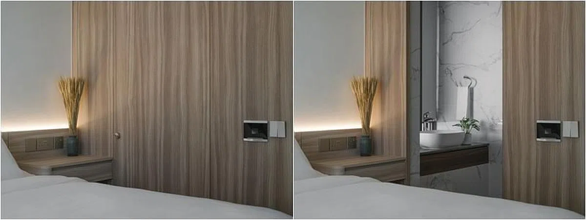 设计用栎木纹美耐板装饰床边卫浴间整面外墙和门，墙与门收齐，让人无法一眼就看出这是卫浴间的入口。（Metre Architects提供照片）