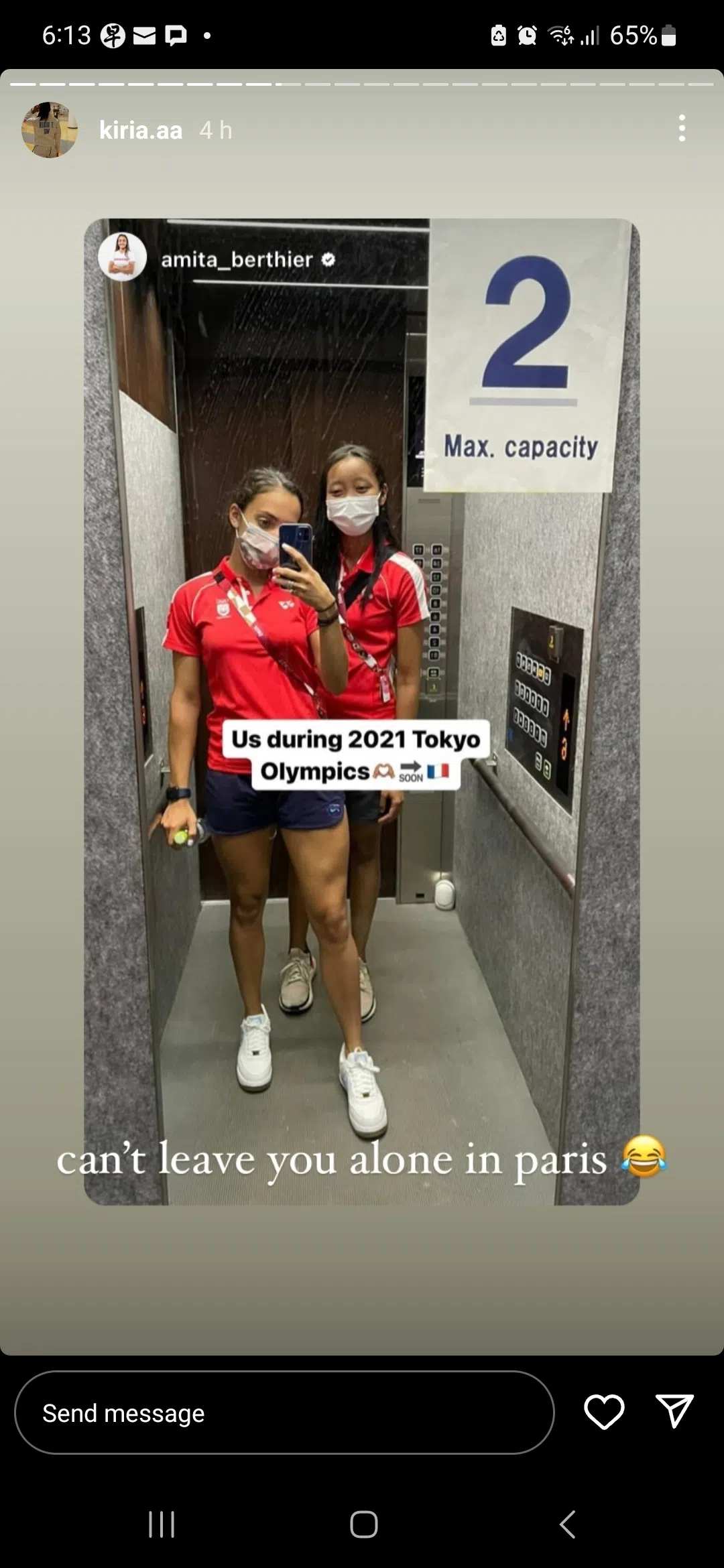 阿米塔（左）在可丽雅顺利搭上巴黎奥运会末班车后，在IG限时动态上祝贺“好姐妹”，并分享了两人在2021年东京奥运会上的合照。（取自可丽雅Instagram）