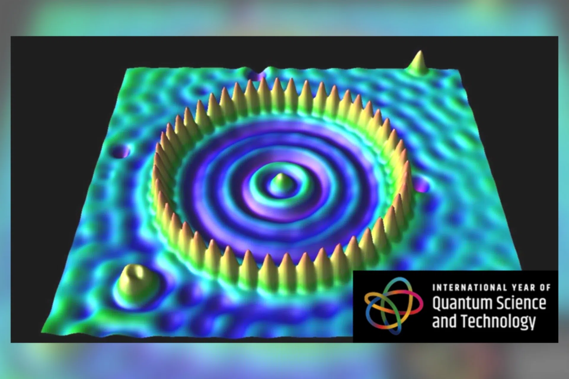 扫描隧道显微镜下的“量子围栏”：一圈铁原子把电子限制在其中，显现出一圈圈波纹般的分布。（美国物理学会）