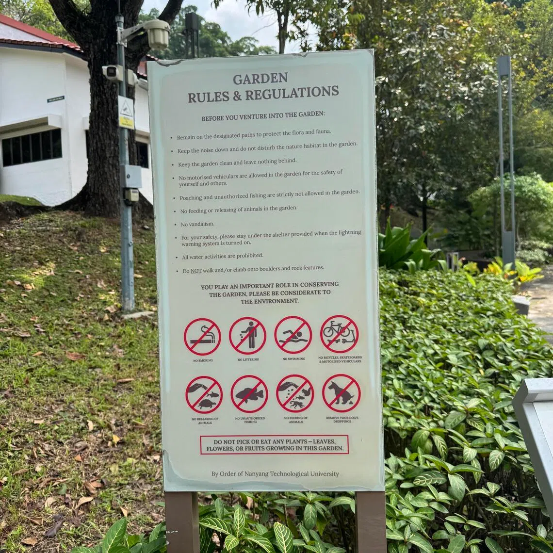 南大湖附近设置的告示牌列明，公众不准无照垂钓。（蔡玮谦摄）