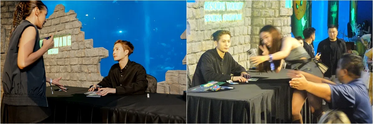 粉丝一个个排队上台索取王嘉尔的签名，虽然主办方表明台上不允许拍照，有好些粉丝上台时还是掏出了手机或相机。（Team Wang design提供、记者摄）