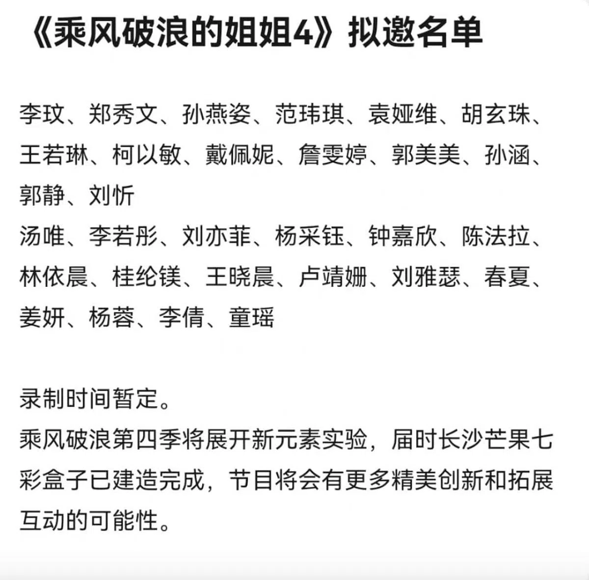 网上疯传《乘风破浪的姐姐4》的邀请名单。（取自微博）