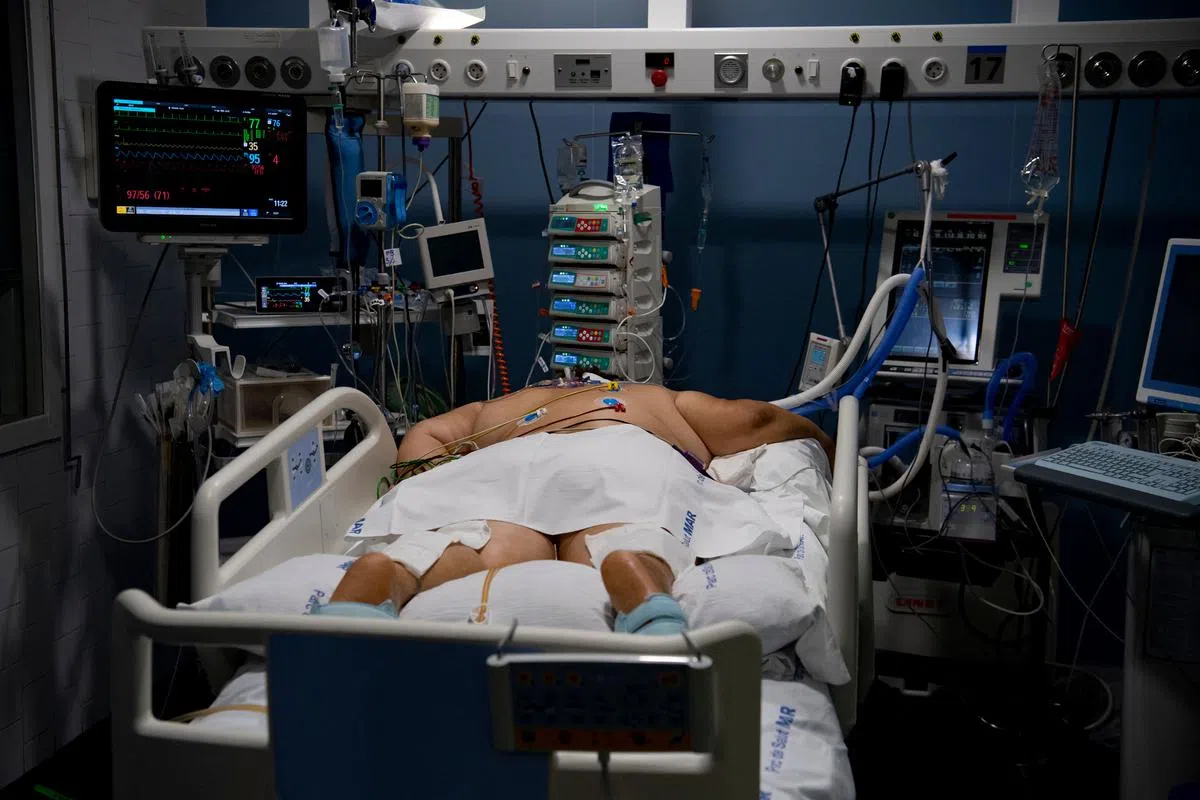 2021年8月4日，一名患有肥胖症的冠病患者俯卧在巴塞罗那德尔马医院加护病房的病床上。（法新社）