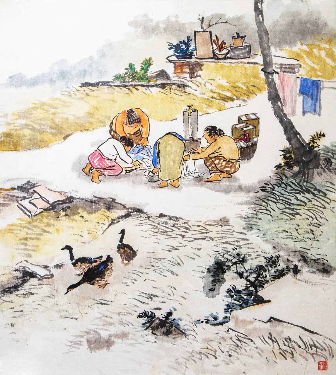 陈宗瑞水墨画《马来村庄》。（海卉艺苑提供）