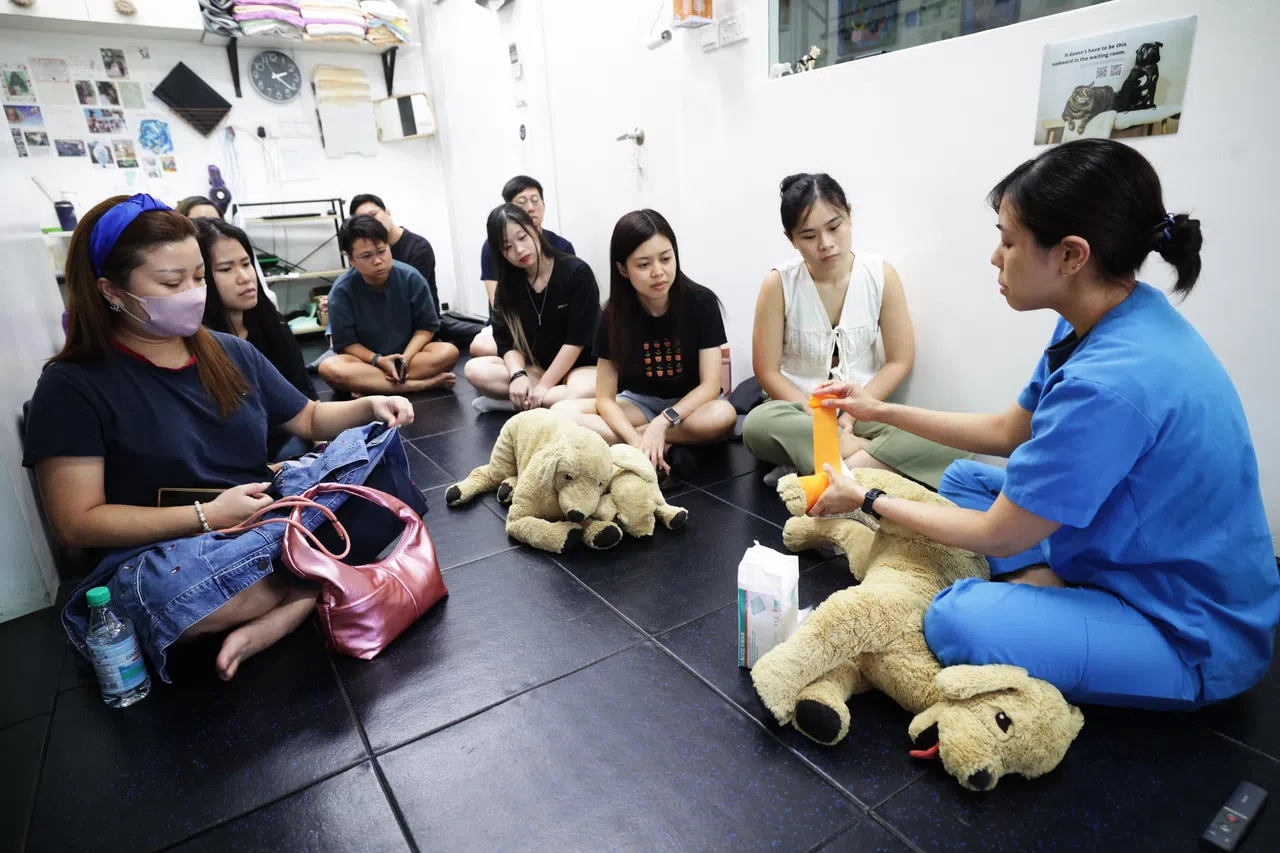 正在接受绷带螺旋固定技法培训的学员团队，通过真体模具进行压力测试以保障临场应用安全性（蔡家增摄）