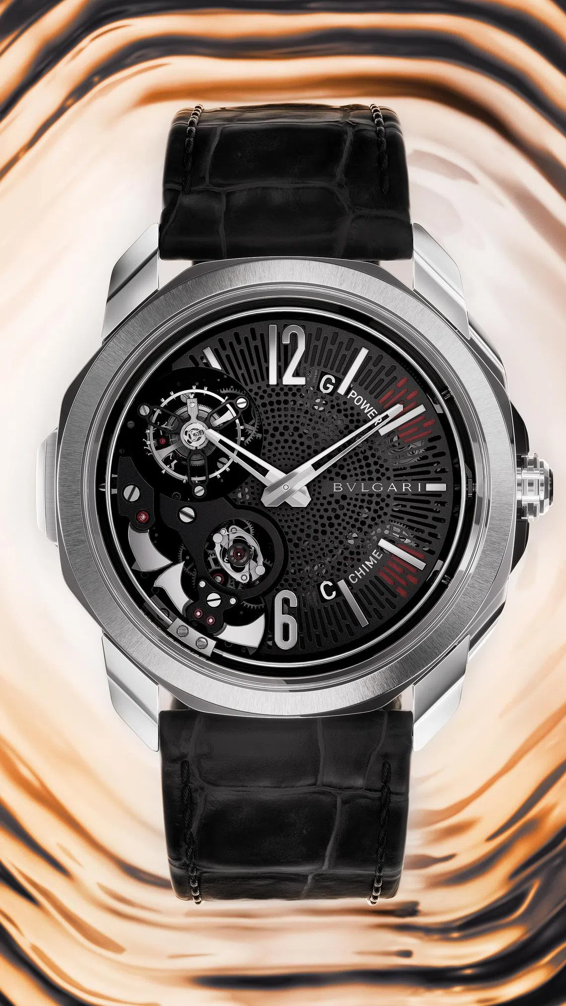 Octo Roma大自鸣陀飞轮腕表通过四组音簧和音锤，能按需鸣报小时、刻钟和分钟。（宝格丽提供）