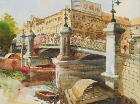 童振狮水彩画《哥里门桥下的新加坡河》，年代不详。（新加坡国家美术馆藏品）