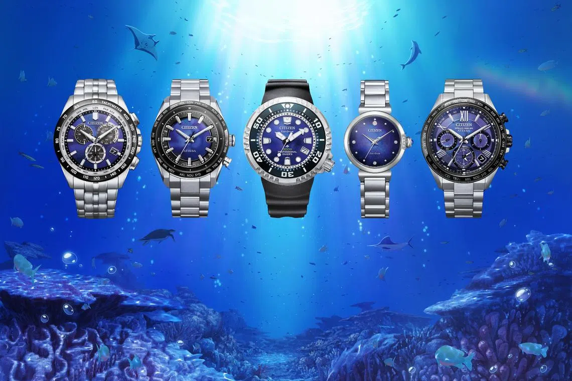 西铁城Unite with Blue特别版，运用Duratect DLC蓝与Duratect Platinum铂金涂层，以蓝、银为主色调打造立体金属光泽。（西铁城提供）