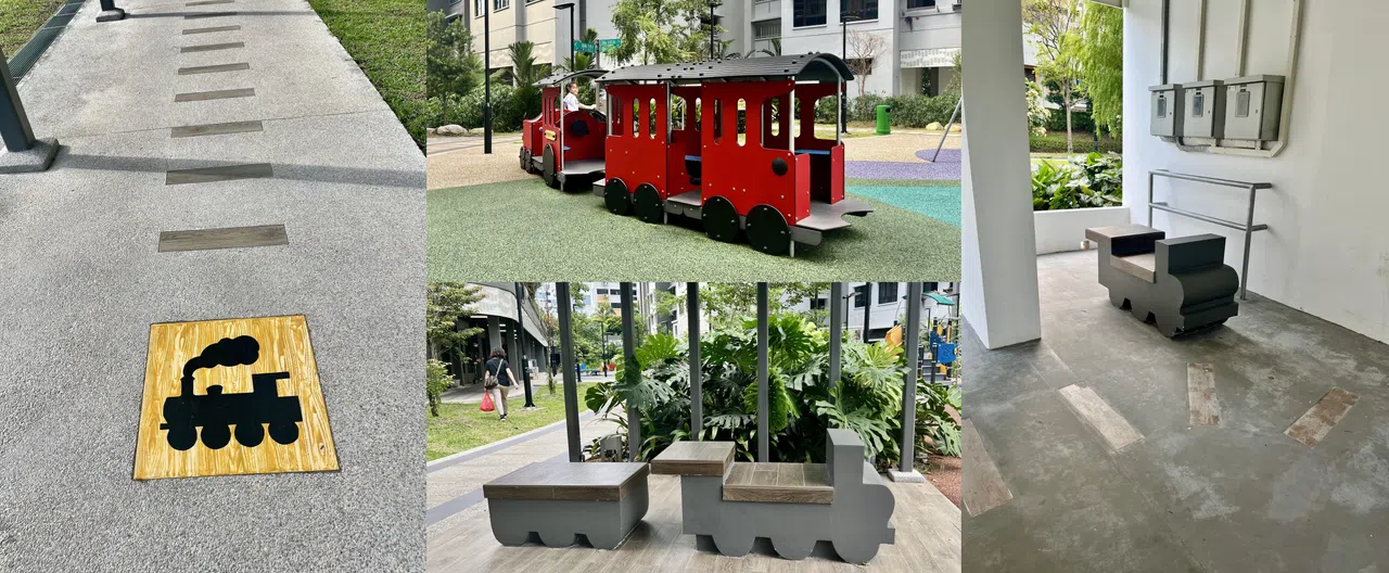 德惠巷新组屋区，设计以曾坐落在附近的铁道为发想，各式各样的“火车”随处可见。（陈映蓁摄）