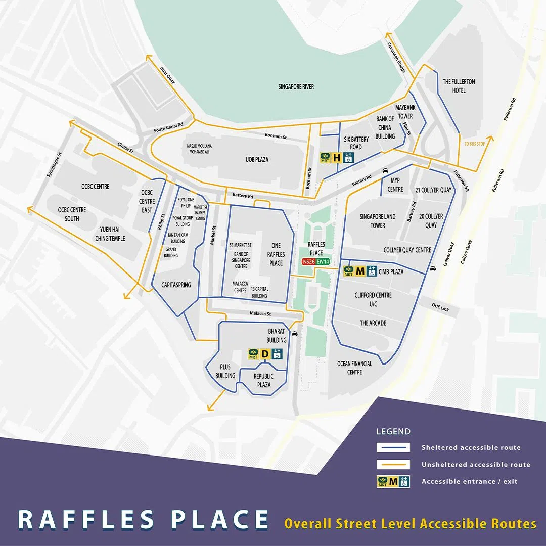 无障碍地图涵盖莱佛士坊三个不同的区域，每个区域都标出无障碍电梯、有盖走道路线、无障碍厕所等，为残障人士提供信息指引。（ 莱佛士坊联盟提供）